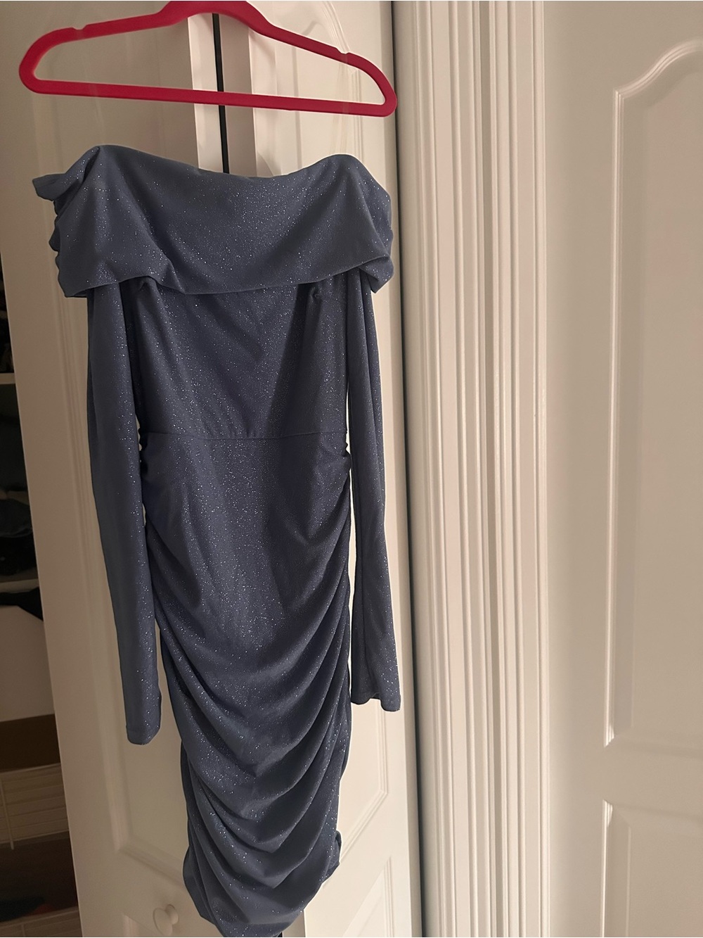 Windsor Sparkle Off-Shoulder Long Sleeve Blue Dress
